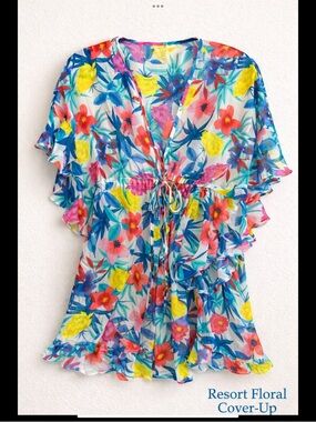 Tropical Floral Swim Cover Up Bleu Rod Beattie Sheer Resort Kaftan Kimono S